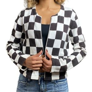 Y2K Sorbé Brown & White Checkerboard Zippered Knit Cardigan Medium